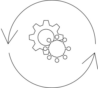 Bir virüsün dairesel bir süreç içinde bir vitesle etkileşime girmesinin kavramsal çizimi, etkiyi ve döngüsel doğayı sembolize eder..