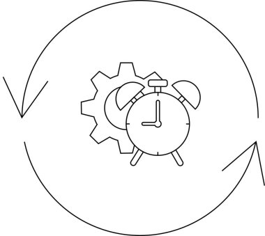 Zaman yönetimi, üretkenlik ve verimliliği temsil eden oklarla çevrili bir dairenin içindeki saat ve teçhizat tasviri.
