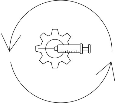 Aşı geliştirme sürecini tasvir eden, dairesel ok içinde bir dişli ve şırınga ikonunun yer aldığı, sürekli gelişmeyi ve tıbbi yeniliği simgeleyen bir resim.
