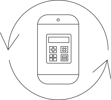 Dairesel oklarla çevrili akıllı bir telefonda gösterilen bir hesap makinesi uygulaması, hesaplama veya işleme öneriyor.