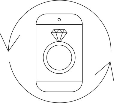 Pırlanta yüzük sergilenen bir akıllı telefon çizgisi çizimi, döngülü okla çevrelenmiş, uygulama güncellemelerini ve modern romantizmi simgeliyor..
