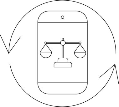 Bir cep telefonu, hukuki teknoloji ve dijital hukuk çözümlerini sembolize ederek adaletin terazisini gösteriyor. Görüntü, hukuk alanındaki yeniliği temsil ediyor..