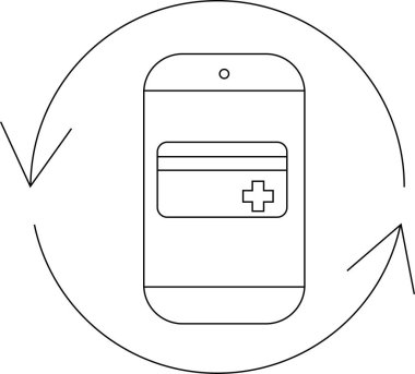 Sağlık uygulaması güncellemelerini temsil eden, yuvarlak oklarla çevrili, ekranında sağlık kartı olan bir cep telefonunun basit bir çizgi resim simgesi.