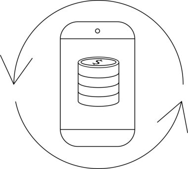 Bir cep telefonunun basit bir çizgisi. Dairesel oklarla çevrili bozuk para yığınını gösteren, mobil para transferlerini temsil eden..