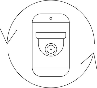 Bir cep telefonu ekranında gösterilen güvenlik kamerası, döndürme oklarıyla çevrili, uzaktan izleme ve kontrol simgesi..
