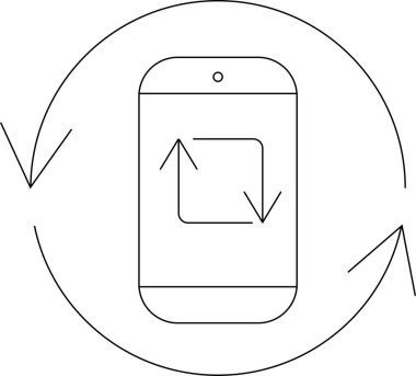Bilgi senkronizasyonu veya güncelleme sürecini gösteren dairesel bir okla akıllı telefonu tasvir eden bir minimalist çizgi sanat simgesi, teknoloji veya iletişim temaları için uygundur.
