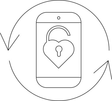 Bir akıllı telefonun basit bir çizgisi. Dairesel oklarla kalp şeklindeki asma kilidi gösteriyor. Güvenliği ve aşkı simgeliyor..