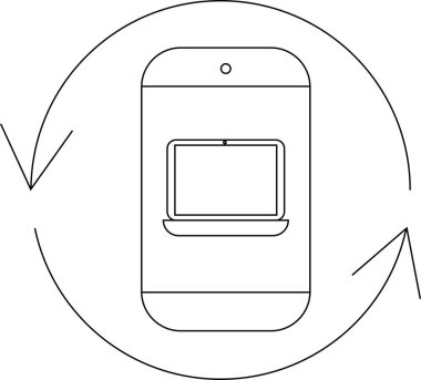 Oklarla çevrelenmiş, veri senkronizasyonunu ya da aygıt uyumluluğunu sembolize eden akıllı telefonun dizüstü bilgisayar ekranını gösteren minimalist bir çizgi çizimi.