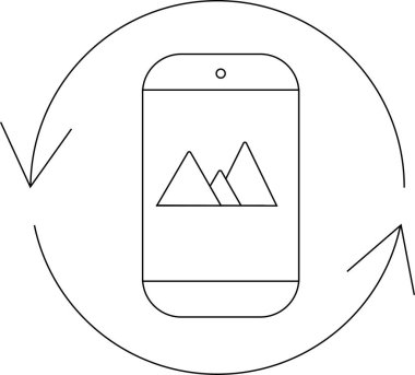 Akıllı telefon, dairesel oklarla çevrili, değişimi, dönüşümü ve deneyimleri yakalama ve paylaşma teknolojisinin dinamik doğasını sembolize eden bir dağ manzarasını gösterir..