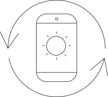 Yuvarlak oklarla çevrili bir güneş simgesini gösteren bir akıllı telefonun minimalist çizgisi çizimi, parlaklık ayarlama veya ekran tazeleme önerisi.