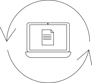Veri senkronizasyonunu gösteren temiz çizgi sanat simgesi, dairesel oklarla çevrelenmiş ve veri akışını gösteren bir belgeyi gösteren bir dizüstü bilgisayar.