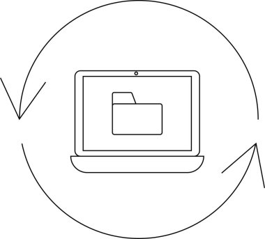 Veri senkronizasyonunu gösteren minimalist bir illüstrasyon, veri transferini gösteren bir dizüstü bilgisayar, bir dizin simgesi ve dairesel oklar içeriyor.