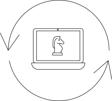 Bir dizüstü bilgisayar dairesel oklarla çevrili bir satranç şövalyesini gösteriyor. Strateji yenilemesini, dijital dönüşümü ve teknolojinin yol açtığı ortamdaki yinelemeli gelişmeyi simgeliyor..