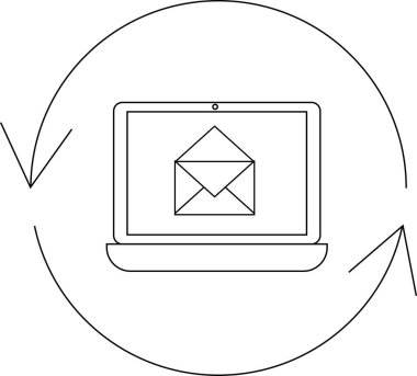 Dairesel bir okla çevrili bir e-posta simgesini gösteren bir dizüstü bilgisayar tasviri, e-posta pazarlama otomasyonu ve sürekli iletişimi simgeliyor.
