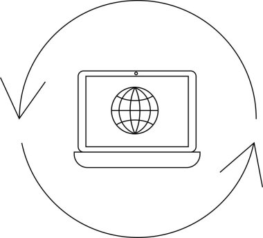 Bir dizüstü bilgisayar, küresel ağ bağlantısını ve veri alışverişini sembolize eden dairesel oklarla çevrili bir küresel simge gösterir.