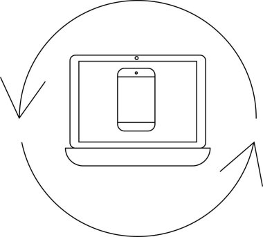 Dairesel bir okla çevrili, veri senkronizasyonunu sembolize eden ve transfer eden bir cep telefonu ekranını gösteren basit bir çizgi çizimi.