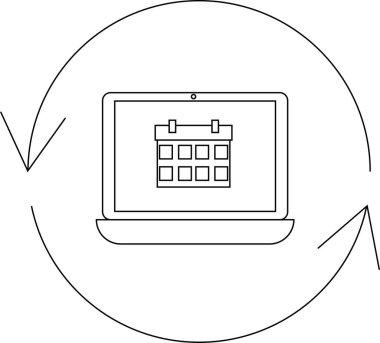 Dairesel yenilenmiş oklarla çevrili takvim simgesini gösteren, zamanlamayı ve güncellemeleri sembolize eden bir dizüstü bilgisayar.