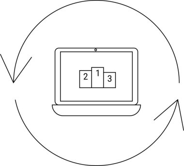 Bir dizüstü bilgisayar ekranında 1, 2 ve 3 sayılı bir podyum gösteriliyor, dairesel bir okla çevrili, rekabeti ve sıralamayı simgeliyor..