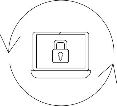 Ekranda asma kilit olan bir dizüstü bilgisayar, güvenlik güncellemelerini ve korumayı simgeleyen dairesel oklarla çevrilidir..
