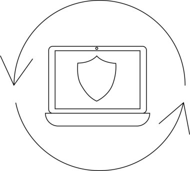 Ekranda kalkanı olan bir dizüstü bilgisayar, yenilenmiş oklarla çevrili, güvenlik güncellemelerini ve korunmayı simgeliyor..