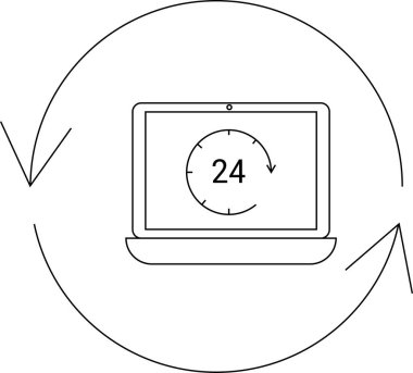 24 saatlik ekranı olan bir dizüstü bilgisayar. Etrafı dairesel oklarla çevrili. 24 saat hizmet ve destek veriyor..