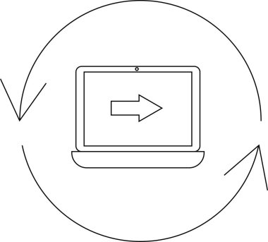 Dairesel oklarla çevrili, veri transferini sembolize eden, senkronize eden veya teknolojide sürekli bir süreç olan bir dizüstü bilgisayar..