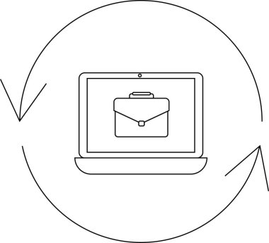 Evrak çantası simgesini gösteren bir dizüstü bilgisayar, modern bir tasarımda iş, teknoloji ve iş akışını sembolize eden dönen bir okla çevrilidir..