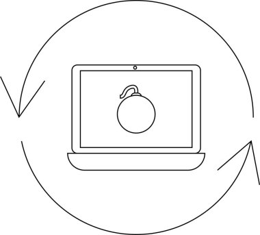 Bir bomba ikonunu gösteren dizüstü bilgisayar, bir döngü okla çevrili, bir virüs enfeksiyonunu ve potansiyel sistem hasarını simgeliyor.