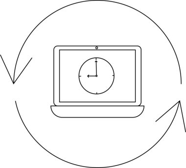 Dairesel oklarla çevrili, zaman yönetimini ve döngüsel süreçleri sembolize eden saat yüzünü gösteren bir dizüstü bilgisayar tasviri.