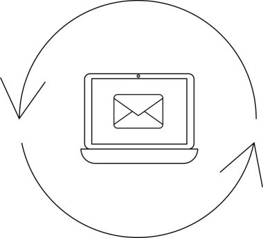 Dairesel oklarla çevrili bir e-posta simgesini gösteren bir dizüstü bilgisayarın minimalist çizgisi çizimi, e-posta iletişimini sembolize ediyor ve güncelliyor.