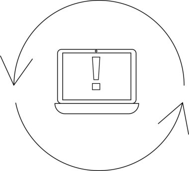 Dairesel bir ok içinde ünlem işareti gösteren bir dizüstü bilgisayar, dikkat gerektiren bir sistem güncellemesini veya hatasını gösterir.