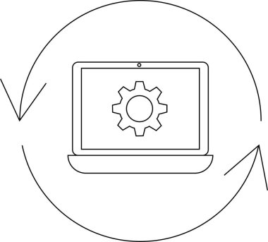 Dairesel oklarla çevrili, yazılım güncellemelerini, sistem yapılandırmasını veya teknolojik süreçleri sembolize eden bir dişli simgesini gösteren bir dizüstü bilgisayar tasviri.