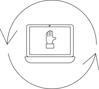 Dairesel oklarla çevrili bir el simgesini gösteren dizüstü bilgisayar, dijital bir bağlamda reddedilmeyi ya da reddedilmeyi simgeliyor. Teknoloji kavramları için minimalist tasarım.