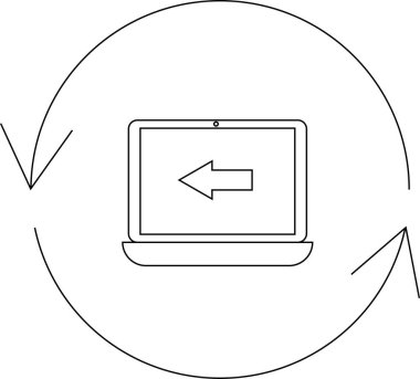 Sol oku gösteren bir dizüstü bilgisayar, dijital ortamda veri transferini veya geri dönüşünü sembolize eden dairesel bir okla çevrilidir..
