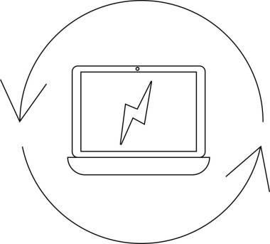 Dairesel bir okla çevrili, ekranında yıldırım olan bir dizüstü bilgisayarın basit bir çizimi güç ya da enerji olduğunu gösteriyor..