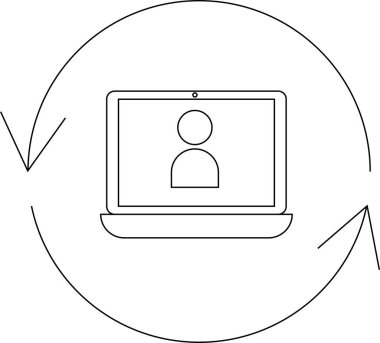 Dairesel oklarla çevrili, iletişimi veya iletişimi sembolize eden bir insan simgesini gösteren bir dizüstü bilgisayarın minimalist çizimi.
