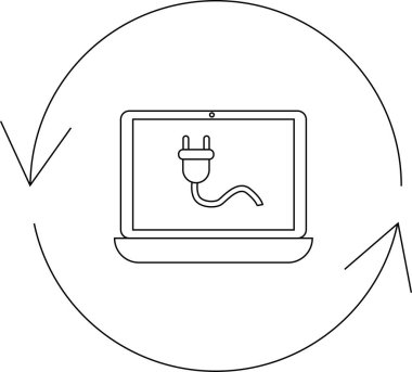 Ekranında bir buji simgesi olan, enerji ve teknolojiyi temsil eden dairesel bir okla çevrili bir laptop..