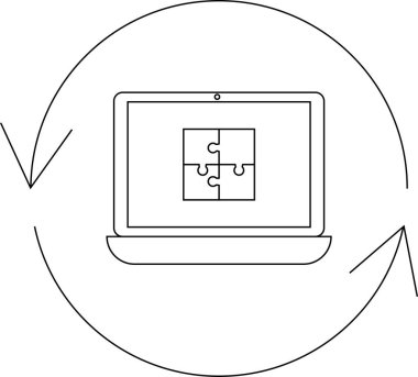 Bir dizüstü bilgisayarda, dijital ortamda bütünleşmeyi ve problem çözmeyi sembolize eden dairesel oklarla çevrili yapboz parçaları gösterilir. Teknoloji ve çözümler için kavramsal çizim.