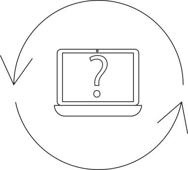 Dairesel okla çevrili ekranda soru işareti olan bir dizüstü bilgisayar, belirsizliği veya bilgi ihtiyacını temsil eder.