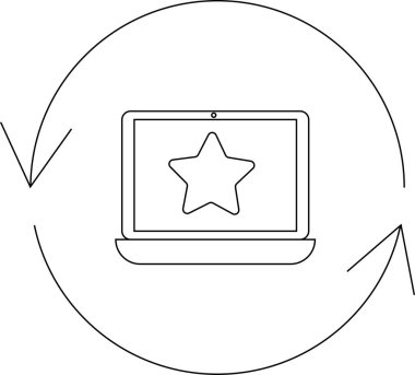 Bir dizüstü bilgisayar, dijital dönüşümü, güncellemeleri veya geri bildirimi temsil eden dairesel oklarla çevrili bir yıldız simgesini modern, minimalist bir tasarımla gösterir..