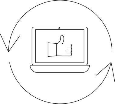 Bir dizüstü bilgisayar, dairesel okla çevrili, sürekli bir döngü içinde onayı ve olumlu geri bildirimi sembolize eden bir başparmak onay simgesi gösterir.