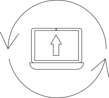 Ekranda yükleme oku olan bir dizüstü bilgisayar, dairesel yenileme simgesi ile çevrili, veri transferini sembolize eden veya yazılım güncellemesi.