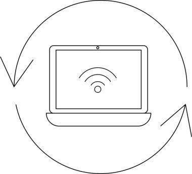 Dairesel oklarla çevrili bir Wi-Fi sembolünü gösteren basit bir dizüstü bilgisayar çizimi, bağlantı veya senkronizasyon öneriyor..