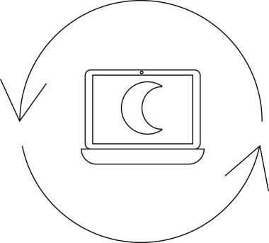 Dairesel yenilenmiş oklarla çevrili, gece modunu sembolize eden veya otomatik güncellemeleri sembolize eden hilal şeklindeki bir dizüstü bilgisayarın basit bir çizgi sanat simgesi.