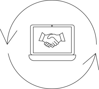 Dizüstü bilgisayardaki bir tokalaşma çevrimiçi anlaşmaları ve dairesel tasarımda dijital ortaklıkları sembolize eder..