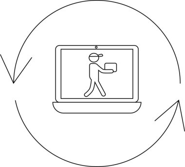 Çevrimiçi dağıtım servisini tasvir eden basit bir çizgi resim simgesi, bir kuryenin dairesel ok içinde paket teslimatını gösteren bir dizüstü bilgisayar ekranı.