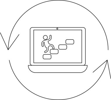 Bir dizüstü bilgisayar ekranında, çevrimiçi öğrenme yoluyla kariyer büyümesini sembolize eden, sürekli gelişmeyi temsil eden, dairesel bir ok içerisindeki figürlerin tırmanış adımları görülüyor..