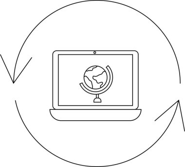 Bir küreyi gösteren dizüstü bilgisayar, çevrimiçi öğrenmeyi, küresel bağlantıyı ve dijital dünyada bilgi alışverişini sembolize eden dairesel bir okla çevrilidir..