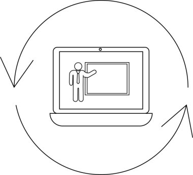 Çevrimiçi öğrenmeyi tasvir eden basit bir çizgi sanat simgesi, sunucu figürlü ve dairesel oklu bir dizüstü bilgisayar.