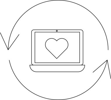 Ekranda kalbi olan bir dizüstü bilgisayar. Çevrimiçi bir okla çevrili. Çevrimiçi aşkı, randevuyu ve dijital aşkı temsil ediyor..
